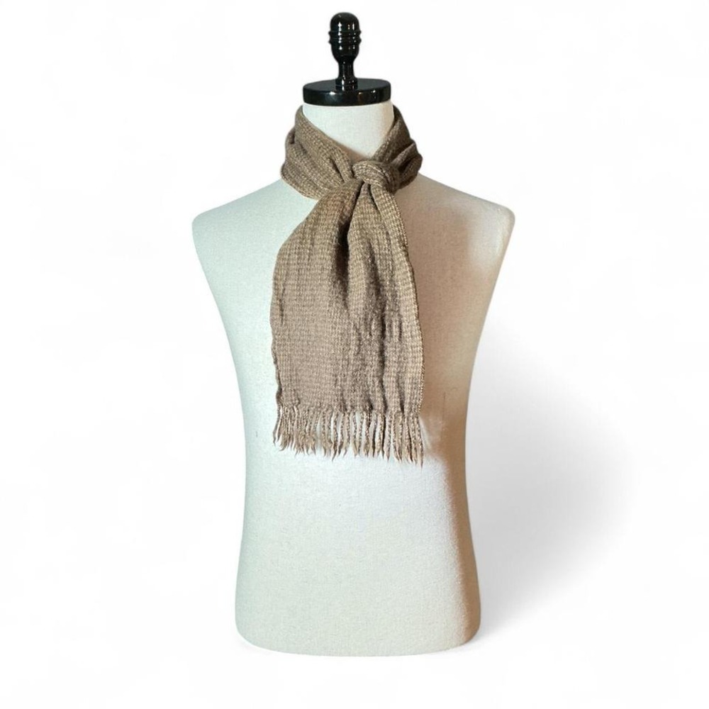 100% Pure Wool Scarf Tan‎ Brown Houndstooth Fringe